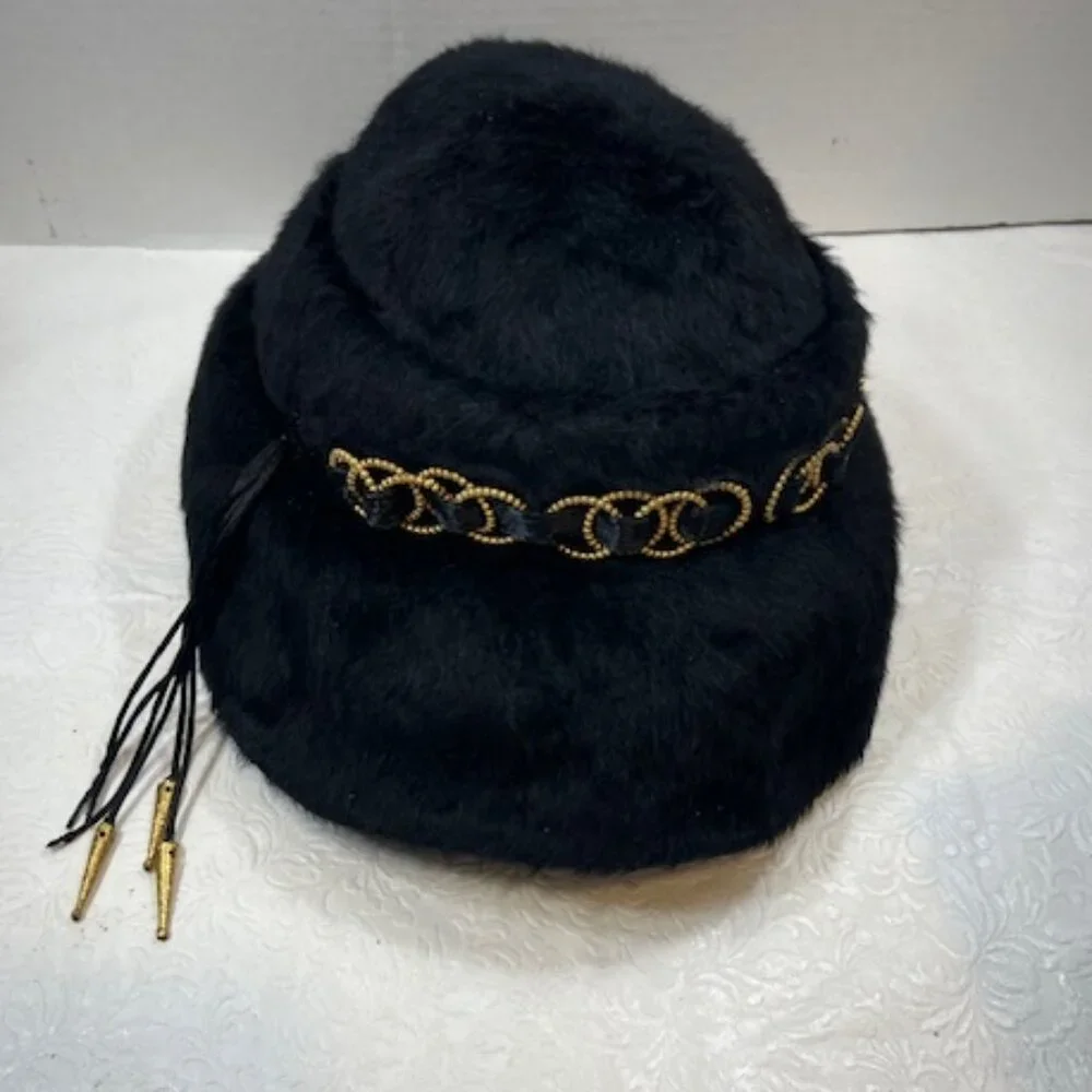 VTG Handmade Black Felt Fur Aileen's Atlanta Bucket Hat Gold Tone Accents
